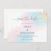 Carte Postale Faire-part Pastel Aquarelles Bleu Or Rose Enregistrer La Date (Devant / Derrière)