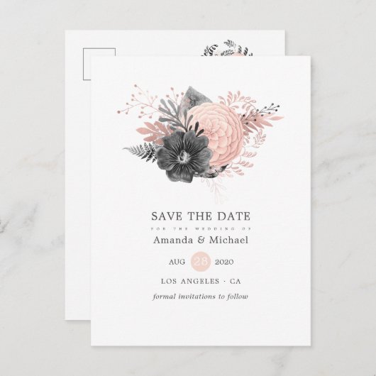 Carte Postale Faire-part Pastel Blush Pink et Charcoal Black Enregistrer la (Devant / Derrière)