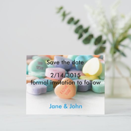 Carte Postale Faire-part pastel bonbon coeur mariage enregistrer la date ca (Debout devant)