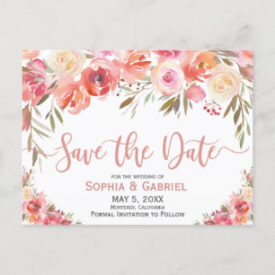 Carte Postale Faire-part Pastel Pink Peach Rose Floral Enregistrer la date