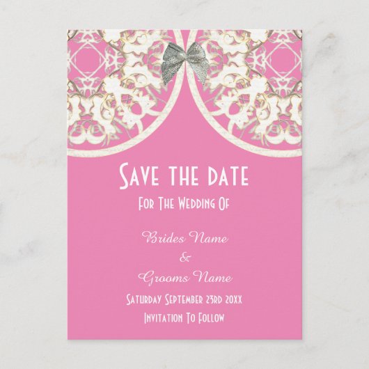 Carte Postale Faire-part Pastel rose et dentelle blanche en filigrane  save (Devant)