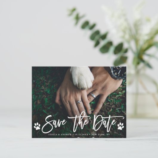 Carte Postale Faire-part Paw Prints Mariage Enregistrer la Date Photo (Debout devant)