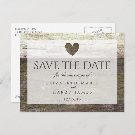 Carte Postale Faire-part Pays Bois Coeur Mariage Enregistrer La Date (Devant / Derrière)