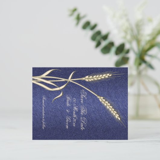 Carte Postale Faire-part Pays de blé à la crème bleue "réservez la date" (Debout devant)