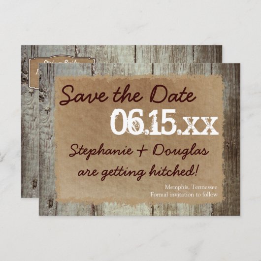 Carte Postale Faire-part Pays Grange Bois Rustique Enregistrer la date Cart (Devant / Derrière)