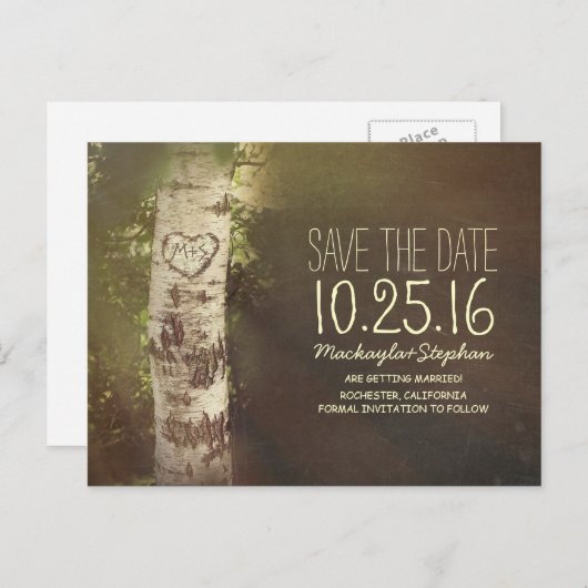 Carte Postale Faire-part Pays rustique enregistrer la date avec le bouleau (Devant / Derrière)