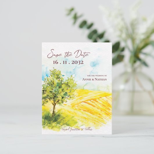 Carte Postale Faire-part Paysage de campagne Mariage Jaune Clair Élégant (Debout devant)