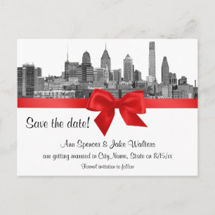 Carte Postale Faire-part Paysage de Philadelphie Etch BW Rouge Save the Dat