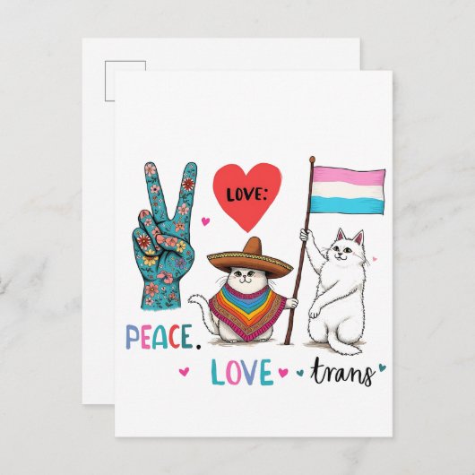 Carte Postale Faire-part Peace Love et Trans LGBTQ Transgenre (Devant / Derrière)
