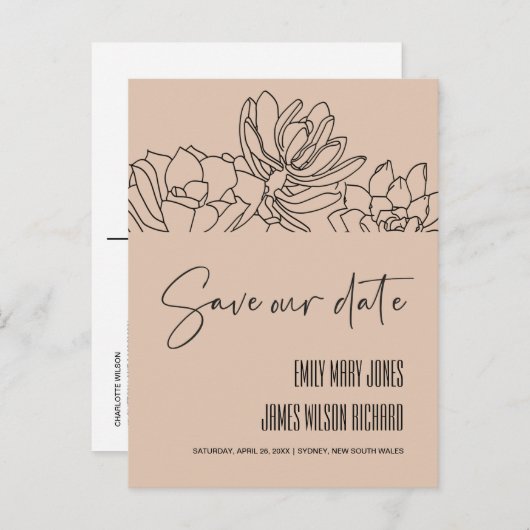 Carte Postale Faire-part PEACH DÉserts CACTUS SUCCULENTE ESQUISSE ENREGISTR (Devant / Derrière)