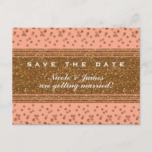 Carte Postale Faire-part Peachy Pink & Gold Confetti Enregistrer La Date Ca (Devant)