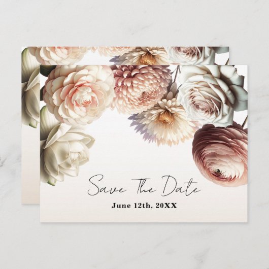 Carte Postale Faire-part Peachy rose crémeux Fleurs blanches Enregistrer la (Devant / Derrière)