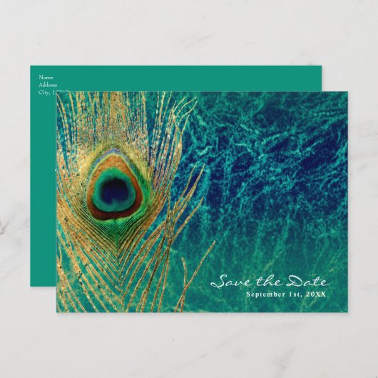 Carte Postale Faire-part Peacock Feather Blue Turquoise Gold Glam Enregistr (Devant / Derrière)