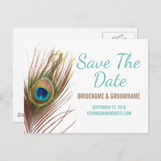 Carte Postale Faire-part Peacock Feather Enregistrer la date (Devant / Derrière)
