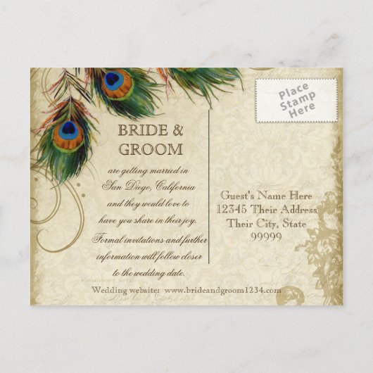 Carte Postale Faire-part Peacock & Feathers Formal Enregistrer la date Aqua (Dos)