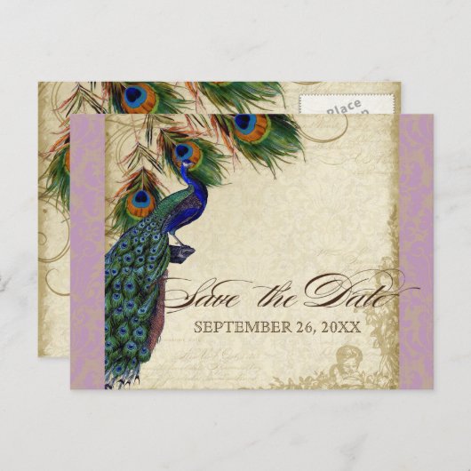 Carte Postale Faire-part Peacock & Feathers Formal Enregistrer la date Lave (Devant / Derrière)
