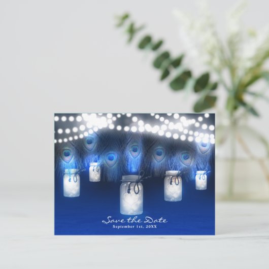 Carte Postale Faire-part Peacock Feathers, Mason Jar & Lights Enregistrer l (Debout devant)