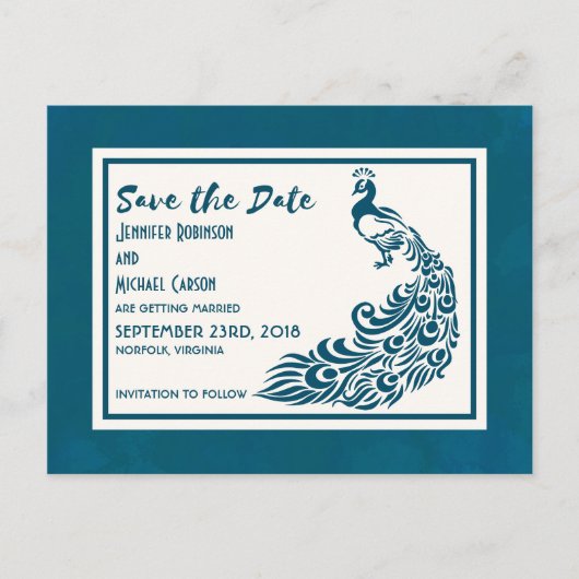 Carte Postale Faire-part Peacock turquoise Bold Art Déco Design Élégant Enr (Devant)