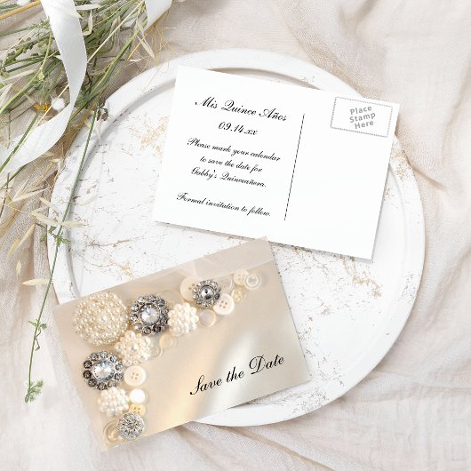 Carte Postale Faire-part Pearl Diamond Buttons Quinceañera Enregistrer la d