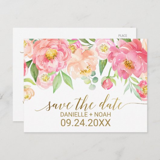 Carte Postale Faire-part Pêche et rose des fleurs de pivoine Mariage Enregi (Devant / Derrière)