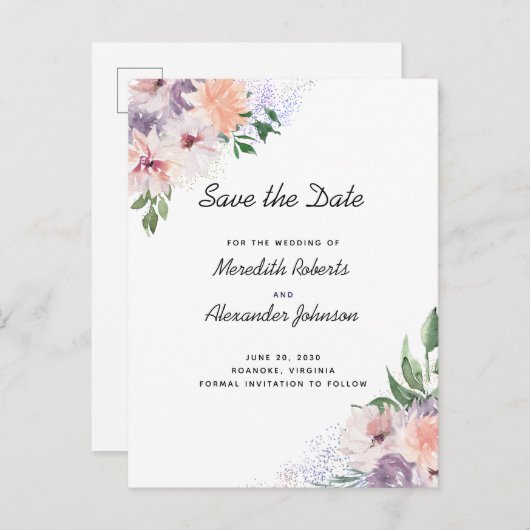 Carte Postale Faire-part Pêche Fleur Violet Poussiéreux Code QR Enregistrer (Devant / Derrière)