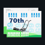 Carte Postale Faire-part Pelouse Mower 70th Birthday Party Enregistrer la d<br><div class="desc">Illustration vintage de tondeuse à gazon dans un paysage abstrait avec des collines verdoyantes. Différents styles de lettrage. Nombre important en arrière - plan (65,  66,  67,  68 et 69)   70ème. Anniversaire enregistrer la carte postale dat. Produits correspondants : coussin d'anniversaire,  bannière d'anniversaire... </div>