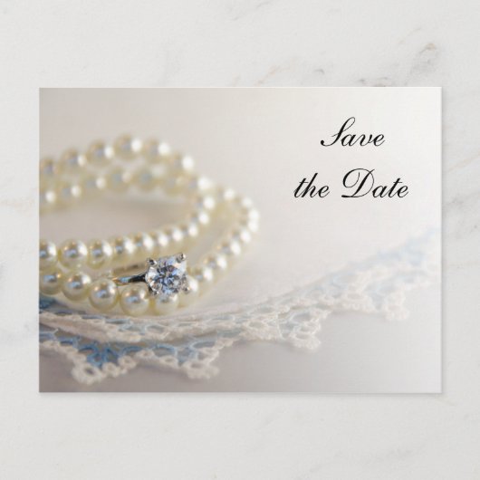 Carte Postale Faire-part Perles, alliance et dentelle bleue mariage Enregis (Devant)