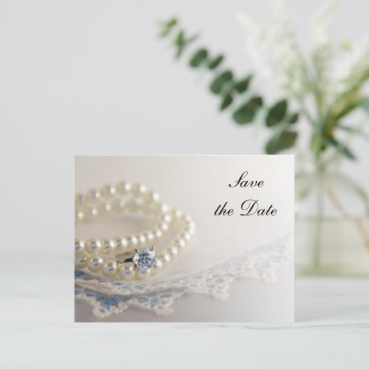 Carte Postale Faire-part Perles, alliance et dentelle bleue mariage Enregis (Debout devant)