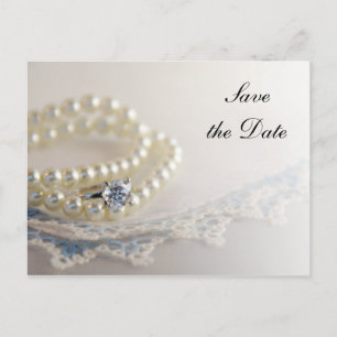 Carte Postale Faire-part Perles, anneau et mariage en dentelle bleue Enregi