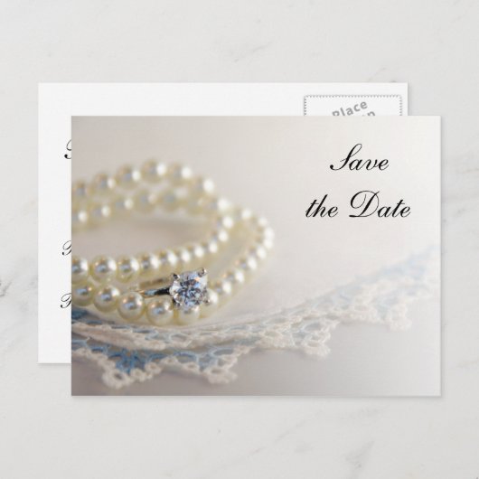 Carte Postale Faire-part Perles, anneau et mariage en dentelle bleue Enregi (Devant / Derrière)