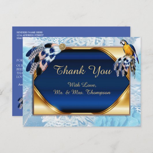 Carte Postale Faire-part Perroquet Exotique Bleu Merci (Devant / Derrière)