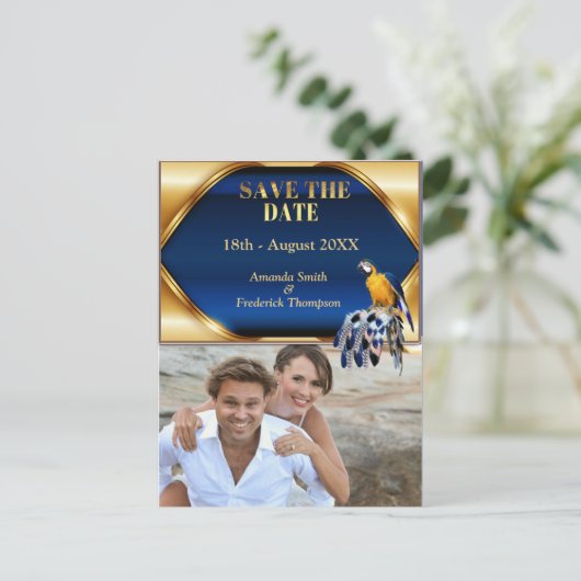 Carte Postale Faire-part Perroquet exotique tons de bleu Save the Dates (Debout devant)