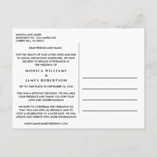 Carte Postale Faire-part Pet Mariage Changement de Plans Crème Élégant (Dos)