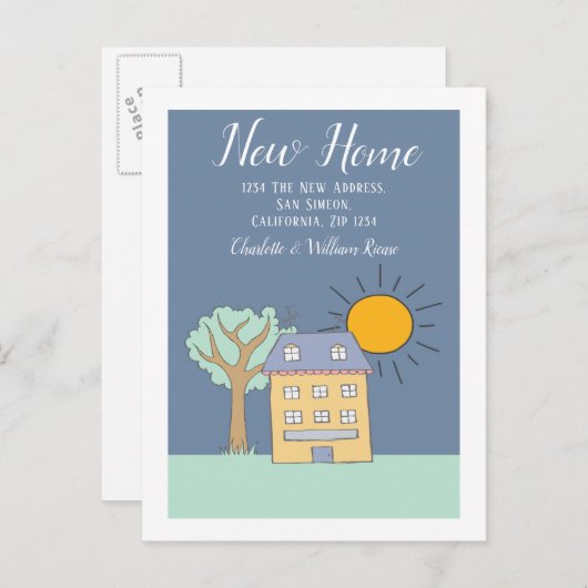 Carte Postale Faire-part Petite Maison Et Arbre Avec Soleil Nouvelle Maison (Devant / Derrière)