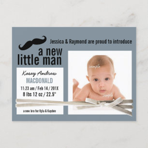 Carte Postale Faire-part Petite Moustache et Photo Nouveau Bébé