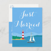 Carte Postale Faire-part Phare et voilier de mariage bleu tout juste mariés (Devant / Derrière)