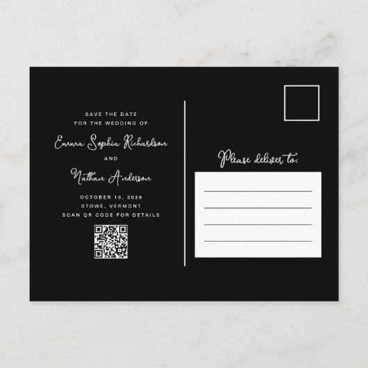 Carte Postale Faire-part Photo Black Whimsical | Code QR Enregistrer La Dat (Dos)