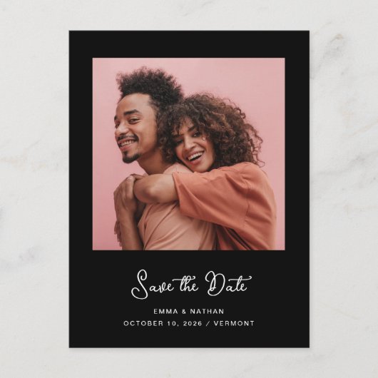 Carte Postale Faire-part Photo Black Whimsical | Code QR Enregistrer La Dat (Devant)