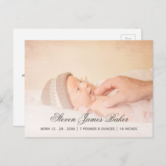 Carte Postale Faire-part Photo Classique Nouveau-Né Main du Père (Devant / Derrière)