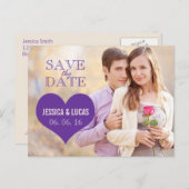 CARTE POSTALE FAIRE-PART PHOTO COEUR PURPLE ENREGISTRER LA DATE (Devant / Derrière)