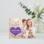 CARTE POSTALE FAIRE-PART PHOTO COEUR PURPLE ENREGISTRER LA DATE (Debout devant)