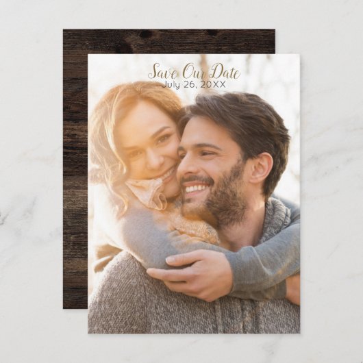 Carte Postale Faire-part Photo Complète Rustique Moderne Bois Sombre Enregi (Devant / Derrière)