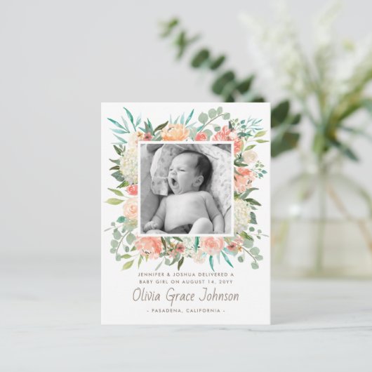 Carte Postale Faire-part Photo de bébé à l'aquarelle florale (Debout devant)