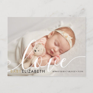Carte Postale Faire-part Photo de bébé élégant Script Amour Cœurs Or Naissa