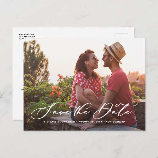 Carte Postale Faire-part Photo de calligraphie blanc Whimsical Enregistrer  (Devant / Derrière)