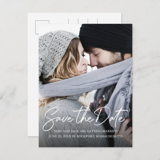 Carte Postale Faire-part Photo de calligraphie blanche manuscrite minimalis (Devant / Derrière)