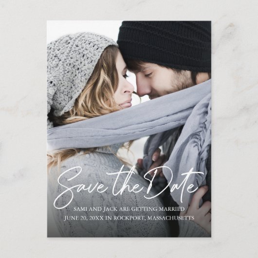 Carte Postale Faire-part Photo de calligraphie blanche manuscrite minimalis (Devant)