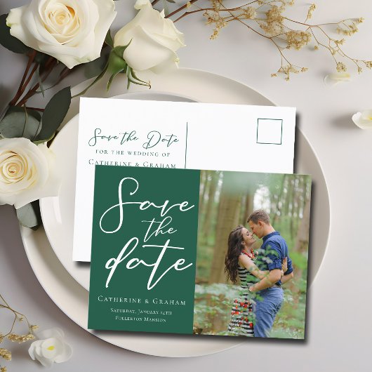 Carte Postale Faire-part Photo de couple vert émeraude forêt Enregistrer la