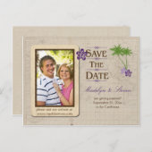 Carte Postale Faire-part Photo de destination tropicale violette Enregistre (Devant / Derrière)