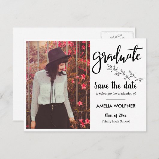 Carte Postale Faire-part Photo de fin d'études | Enregistrer La Date Élégan (Devant / Derrière)